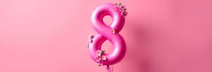 Fototapeta premium Balloon in the shape of a figure eight on a pastel background, flowers on balloons, card for International Women's Day March 8