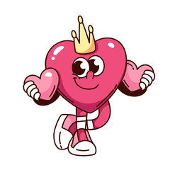 Groovy pink heart cartoon character with little hearts and gold crown. Funny retro symbol of love with smile on cute face. Feminism, hippy mascot, cartoon sticker of 70s 80s style vector illustration