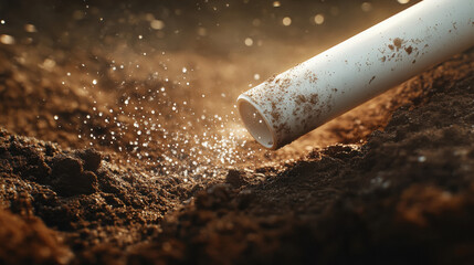 action shot of a white plastic pipe drilling deep into the earth, passing through multiple layers of soil, rock, and sediment