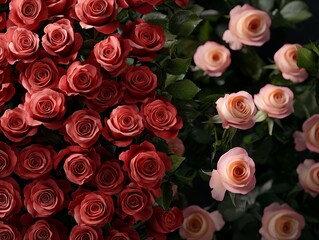 Naklejka premium Top-down view of a duo of vibrant red and blush pink roses with leafy foliage