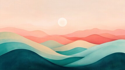 Obraz premium A surreal abstract landscape with pastel rolling hills and a dreamy pink sky
