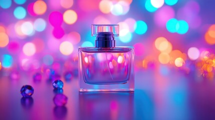 A close-up of a transparent glass perfume bottle filled with a fragrant liquid, with a blurred color background