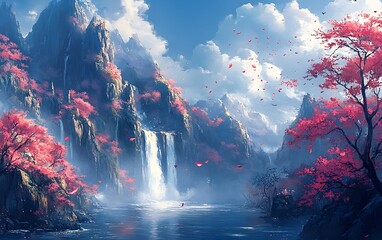 Pink Waterfall Landscape with Trees and Flowers