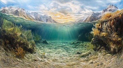 Obraz premium Vibrant Underwater Ecosystem Showcasing Diverse Marine Life and Coral Formations Illuminated by Sunlight Filtering Through Clear Water