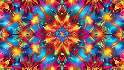 A kaleidoscope-inspired background with bold geometric patterns in fiery red, burnt orange, yellow, and turquoise, featuring gradients and swirling shapes for a dynamic, festive feel.