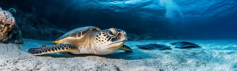 Obraz premium Hawksbill Turtle Swims Gracefully Over Sandy Ocean Floor in Clear Turquoise Water Surrounded by Coral Reefs and Fish at Midday
