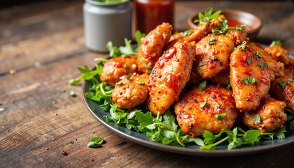Fototapeta premium Hearty piri piri chicken on rustic table with spicy sauce, savory delight