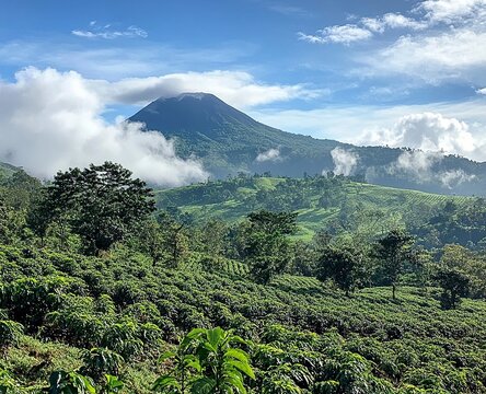 A view of the volcano in Kib Aden, West Nusantara, overlooking from Bumisama with green trees and blue sky. 