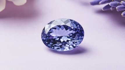 A large oval tanzanite gemstone displayed on a smooth lavender gradient background.