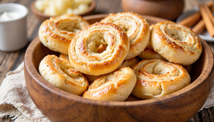 Delicious traditional lefse with cinnamon and sugar in rustic bowl, warmth