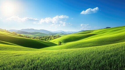 Fototapeta premium A breathtaking mountain landscape with rolling green hills and a clear blue sky. 