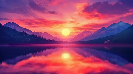 Fototapeta premium A breathtaking sunset over a calm lake, with mountains in the background. 