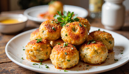 Delicious sardine balls arranged on ceramic plate, family dining concept