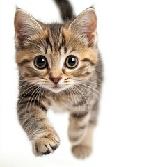Obraz premium Playful Tabby Kitten Leaping Forward Against White Background with Bright Eyes