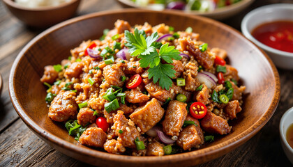 Fototapeta premium Hearty sisig with fresh herbs and chili in rustic bowl, culinary delight