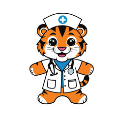 A playful vector illustration of a cartoon tiger character wearing a chef's hat, smiling joyfully while cooking food for his pet dog and cat friends during a fun winter Christmas celebration