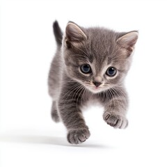 Obraz premium Playful Small Gray Kitten Leaping Forward in Isolated White Background