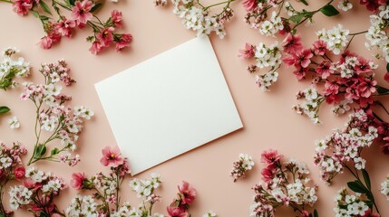 Obraz premium Blank card surrounded by pink and white flowers for mother's day or valentine's day celebration