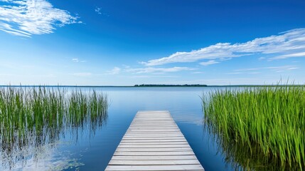 Obraz premium A serene wooden dock extends into a calm lake, surrounded by lush greenery and under a bright blue sky with scattered clouds.