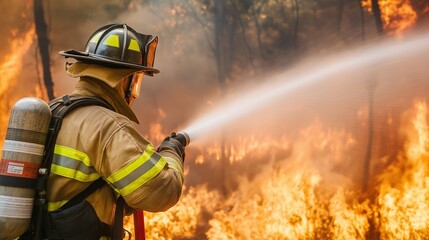 Naklejka premium Firefighter in protective gear using water hose to battle intense wildfire with raging flames and thick smoke
