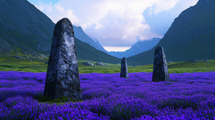 Hidden Valley Surrounded by Luminous Mountains with Lavender Fields and Standing Stones