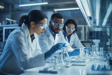 Fototapeta premium Diverse Team of Scientists Collaborating on Research in a Modern Laboratory Setting