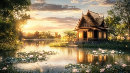 A quiet and tranquil Thai house sitting by a picturesque pond with lotus flowers floating on the water