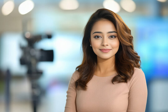 young indian Television Female Host in the office