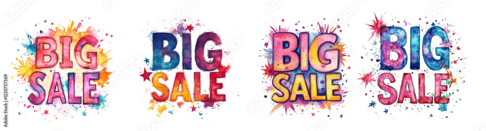 Poster the image showcases four watercolor-painted big sale announcements, each with a unique color scheme 