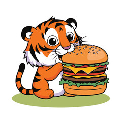 A playful cartoon tiger cub, striped orange and white, enjoys a juicy hamburger on a sunny safari