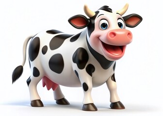 Happy Cartoon Cow 3D Render, Black White Spots, Isolated White Background, Cheerful Moo, Uplifted Tail, Farm Animal