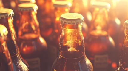 Close-up of glistening amber bottles in warm light, showcasing refreshing beverages on display