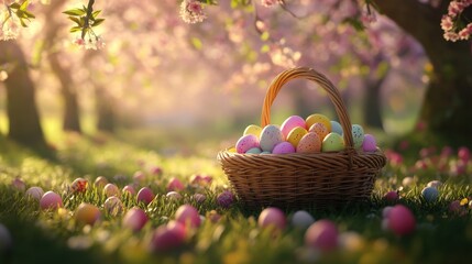 Spring easter decoration. Colorful eggs in a basket in spring sunny blooming cherry orchard. generative ai. Beautiful natural easter banner with copy space