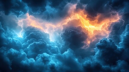 Dramatic Thunderstorm Clouds Illuminated by Lightning in a Dark Sky with an Electrifying Orange Glow and Ominous Blue Tones