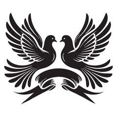Fototapeta premium Romantic two doves holding a ribbon, perfect for love projects - Dove silhouette - Dove vector - Dove illustration - valentine silhouette - love silhouette 