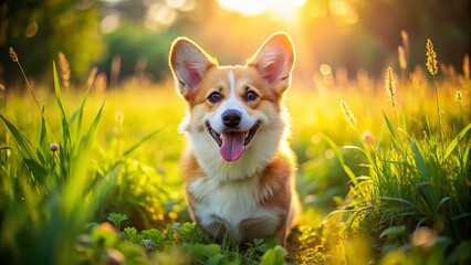 Happy Corgi Puppy Running in Sunny Green Field - Adorable Dog Stock Photo