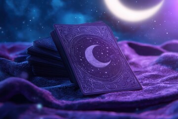 Mystical tarot cards with crescent moon design under starry night sky
