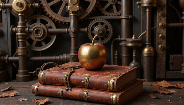 Vintage books and golden apple against steampunk background for Back to School theme with copy space