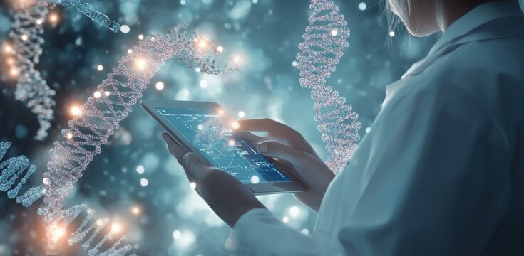 A physician is holding a tablet that displays a dna structure on it