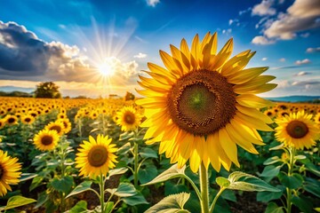 Happy Sunflower Field, Clear Blue Sky - Summer Nature Photography