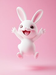 Obraz premium Cute cartoon AI generated happy bunny character jumping on pink background. Adorable rabbit for easter spring holiday design. 3d render illustration