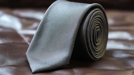 A textured gray tie coiled artistically on a leather background.