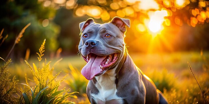 Happy Staffordshire Bull Terrier Dog Golden Hour Sunny Nature Portrait