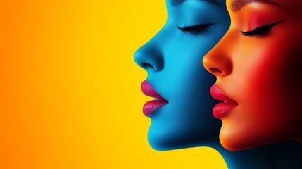 Obraz premium Vibrant Contrast: Two Faces in Bold Hues, A striking portrait of duality with saturated colors against a bright backdrop