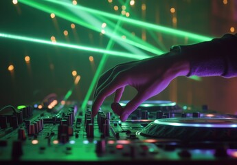 A talented dj is playing music on a mixer in a vibrant club environment