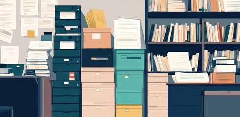 A considerable number of books are stacked one atop the other in a library