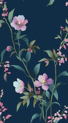 Purple flowers and green leaves pattern illustration poster background