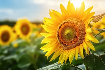 Obraz premium This is a closeup view of a sunflower blooming in a field during sunset