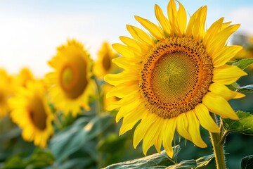 Obraz premium This is a closeup view of a sunflower blooming in a field during sunset