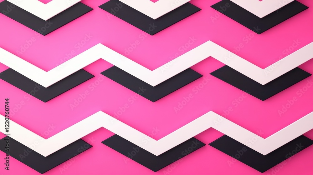 Fototapete Bright pink background with bold black and white zigzag patterns for a fun and dynamic design